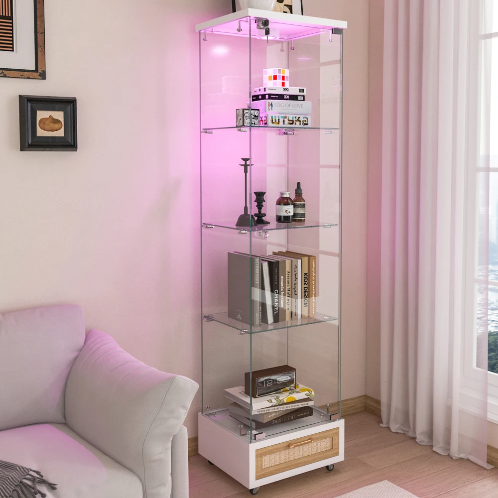 Vitrine moderne en verre avec tiroirs, vitrine avec éclairage LED, étagère en verre trempé, armoire à une porte avec quatre étagères, convient pour salon et chambre, blanc - H167/L42.5/P36.5 cm