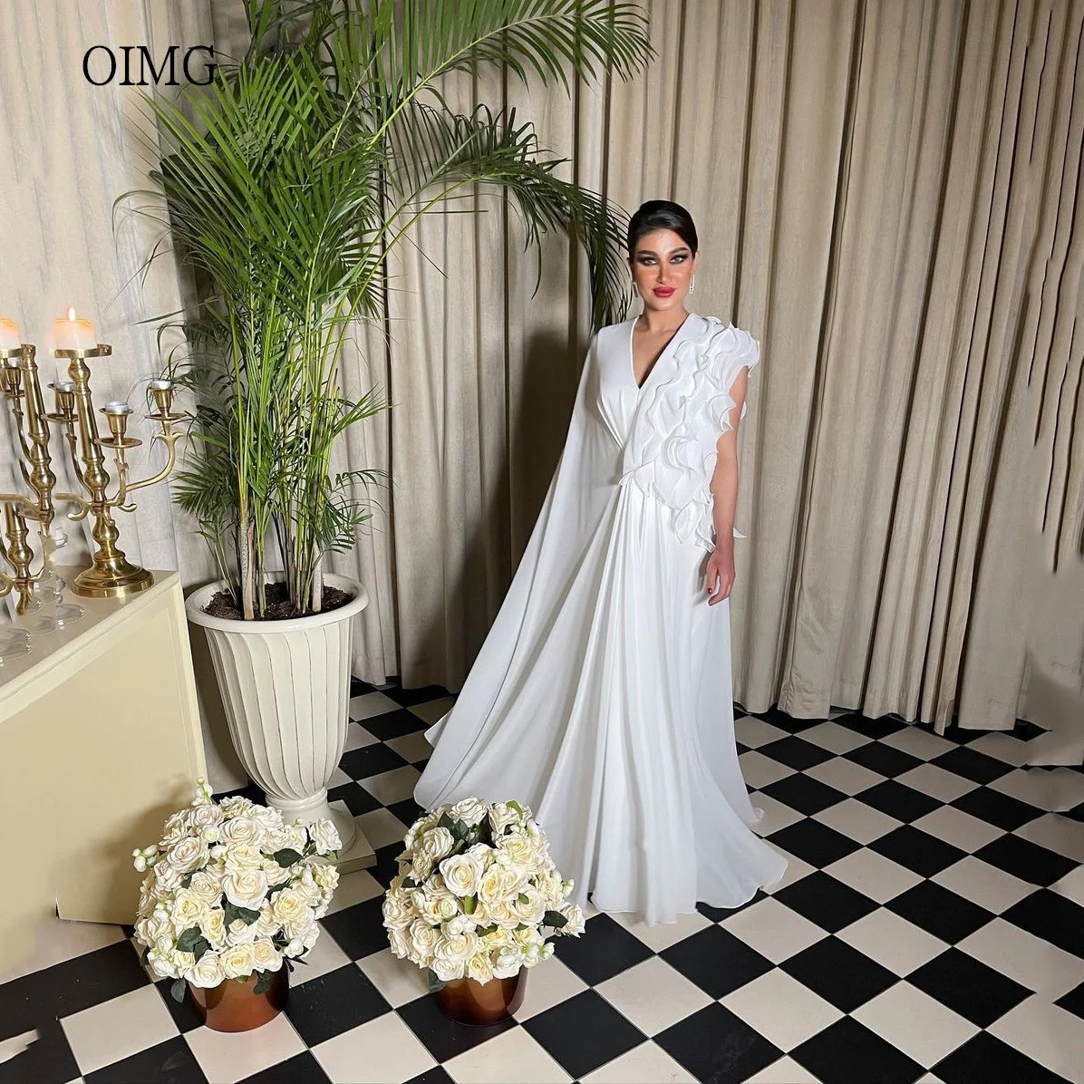 

OIMG Modern Ivory A-line Wedding Dress V Neck Bride Dresses Chiffon Floor Length Wedding Gown vestidos de novia Customized