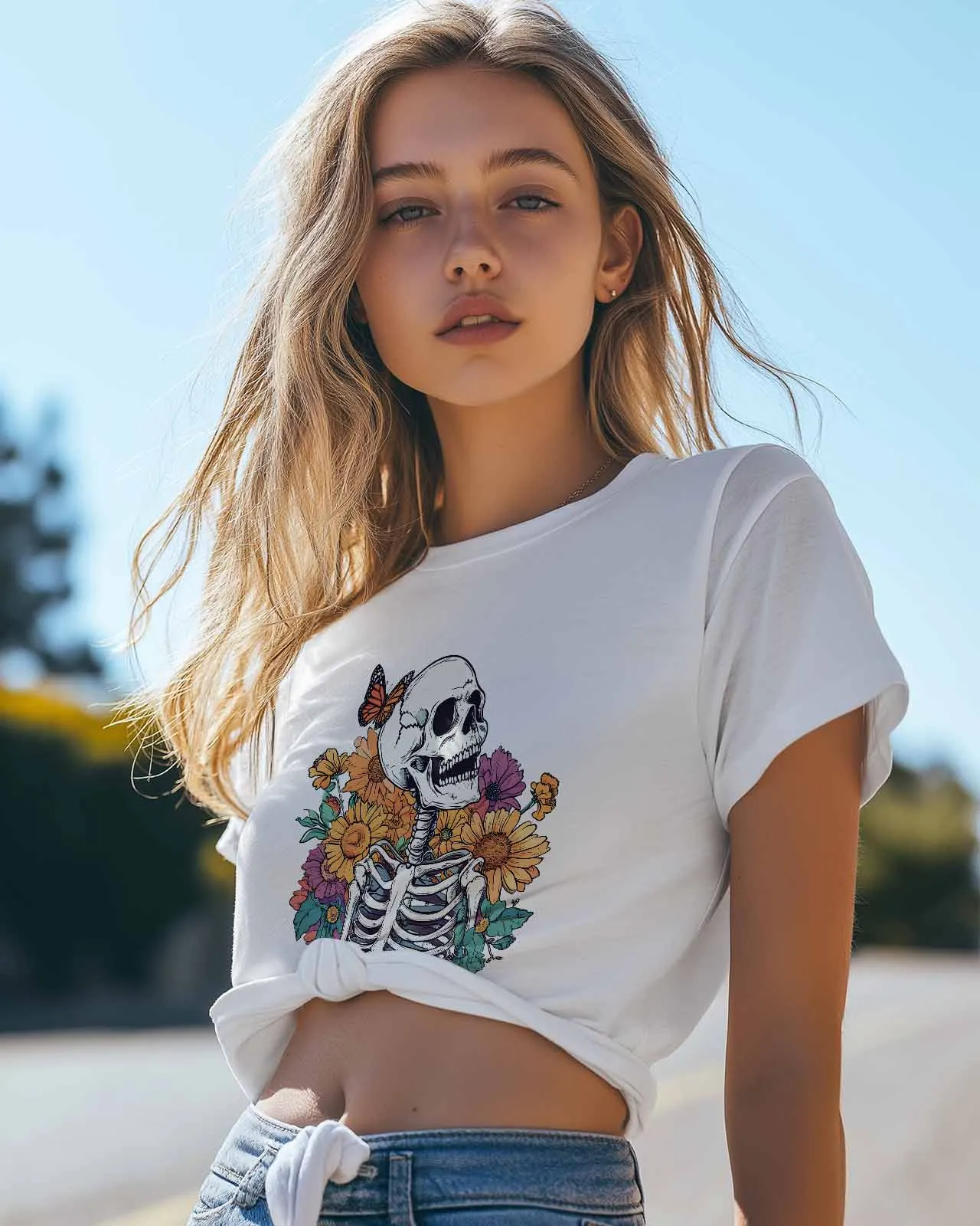 Flower Yellow Daisy Skull Butterfly T-Shirt Lover Gift Sweatshirt Fitness T-shirt Short Sleeve O-neck Clothing Tops