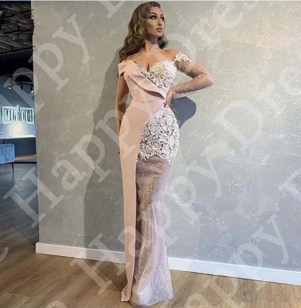 Vestido de baile longo com lantejoulas, um ombro, apliques de renda, mangas compridas, vestido sereia para casamento, sexy, 2024