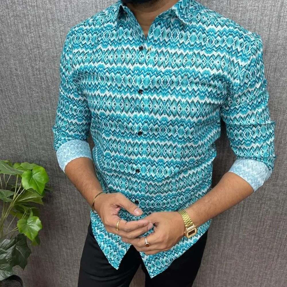 무슬림 남성 의류 민족 프린트 전통 스타일 웨딩웨어 클래식 긴팔 셔츠 전통 캐주얼 셔츠 아랍 의류 ﻿