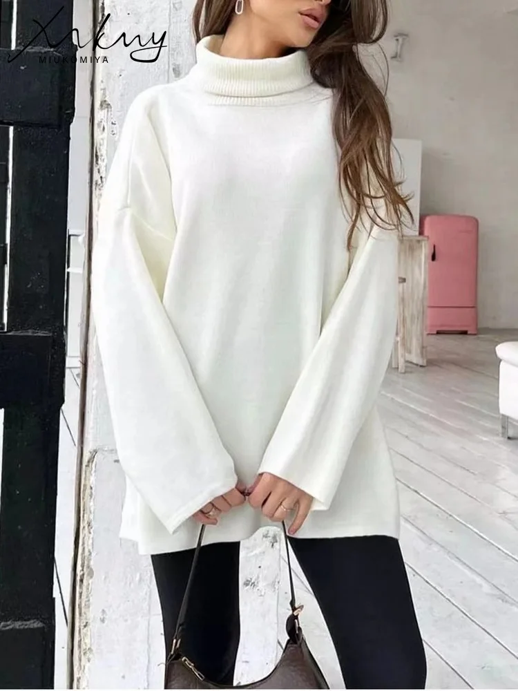 White Turtleneck Oversize Sweater Women Autumn Winter Fashionable Knitted Pullovers Solid  Loose Women\'s Turtleneck Sweaters