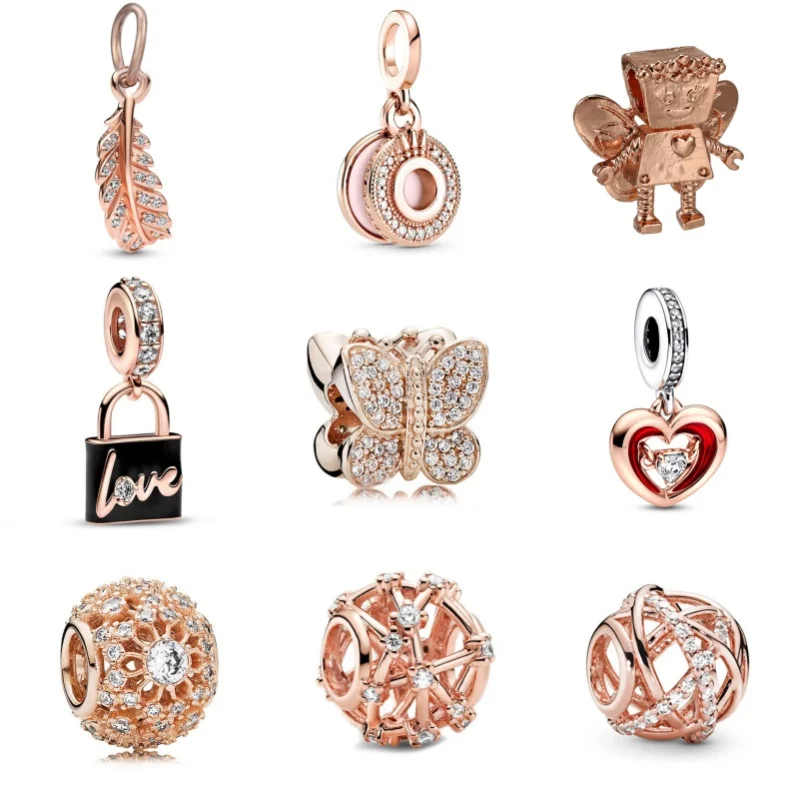 2024 New Rose Gold Sparkling Star Flower Heart Charm Beads Pendant For Pandora Bracelets Necklaces  Jewelry Accessories Gifts