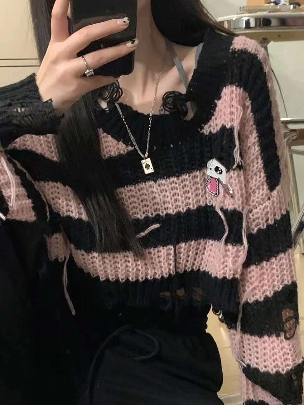 

Spring Autumn ort Knitted Sweater Women's Casual Sle Hole Design Striped Knitwear Outerwear Comfortable Loose Fit Top