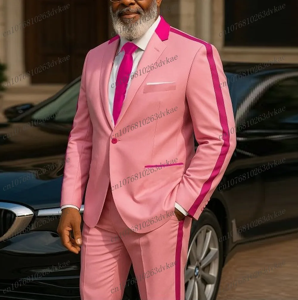 

New Business Pink Men Suit Groom Groomsman Wedding Party Prom Formal Occasion Male Tuxedos 2 Piece Set Blazer Pants
