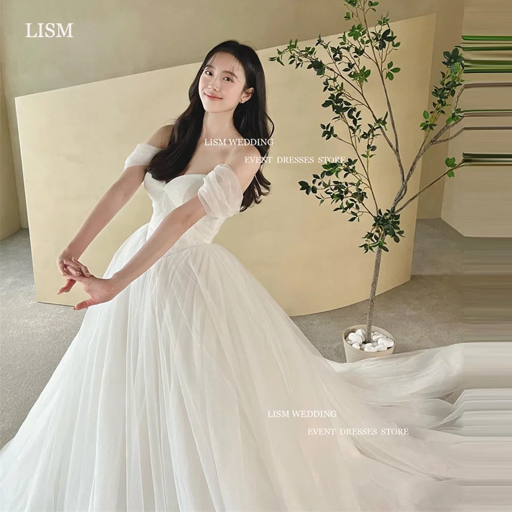 

LISM Simple Tulle A-Line Wedding Dresses Korea Photo Shoot Off The Shoulder Floor Length Bridal Gowns Corset Back Formal Dress