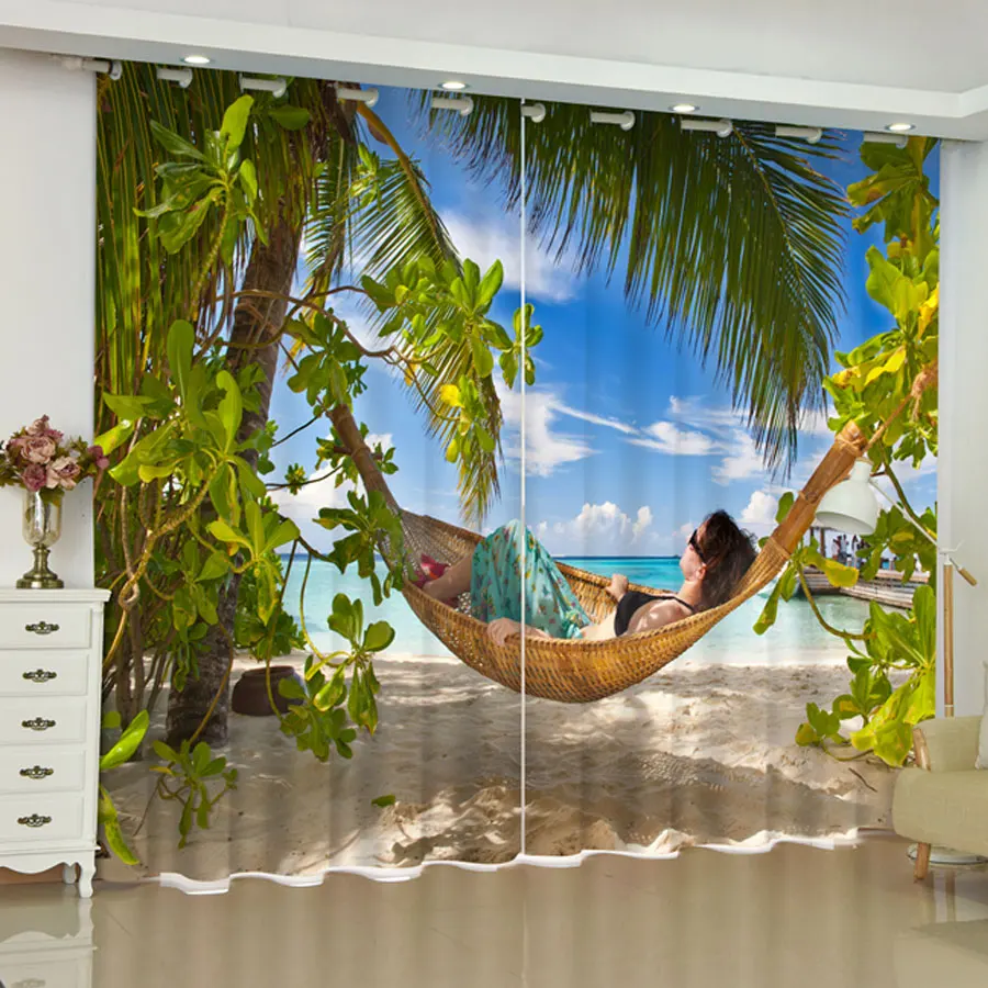 Holiday Curtains Seaside Coconut Tree Print Drape for Living Room Floor-to-ceiling Window Bedroom Kitchen Blinds Curtain 2PCS