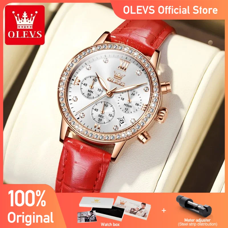 Olevs top marca relógios das mulheres de luxo diamante senhoras relógio de pulso de quartzo pulseira de couro à prova d\' água relógio multifunções