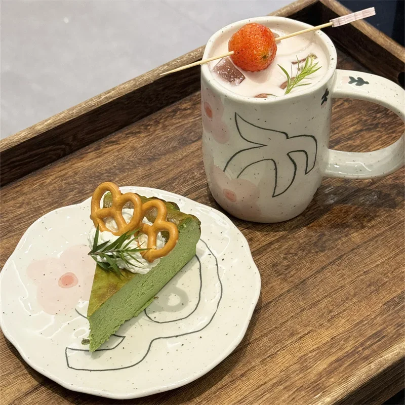 Ink Splash Hand Pinch Kaffeetasse mit Griff Keramik Trichter Dessertteller handbemalt niedliches Blumenmuster Frühstücksmilchbecher