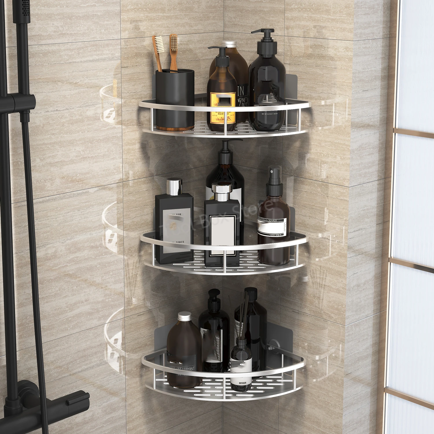 Bathroom Kitchen Shelf Storage Organizer No Drill Shelf Shower Hanging Basket Corner Shelf Shampoo Holder Bathroom Accessories