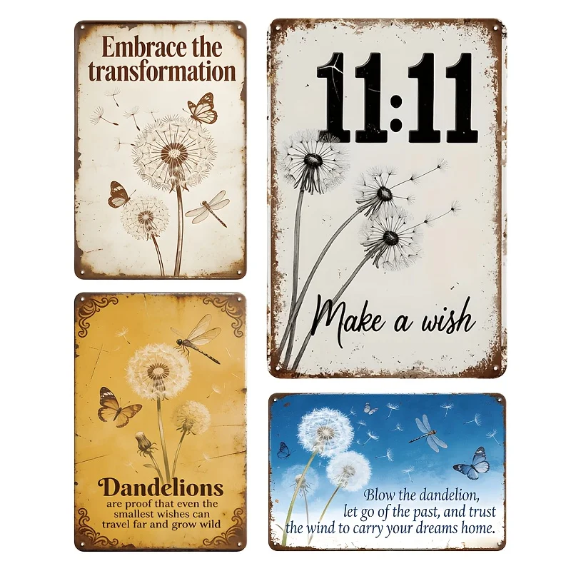 4pcs Vintage 11:11 Make A Wish Decorative Sign 8 X12in Plaque With Dandelion Motif Inspirational Rustic Wall Decor For Home Porc