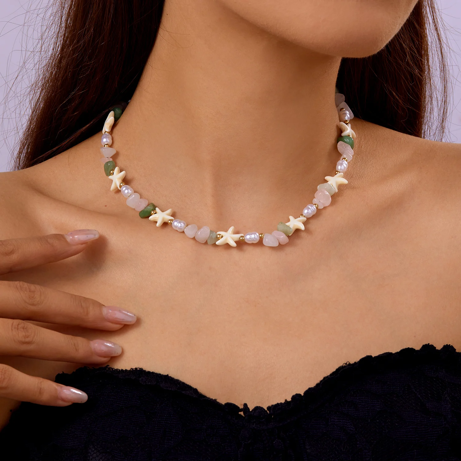 Unregelmäßige bunte Naturstein-Perlen-Halskette für Frauen, handgefertigt, böhmischer Seestern, Schlüsselbeinkette, Strandparty, Charm-Schmuck – Detail 10