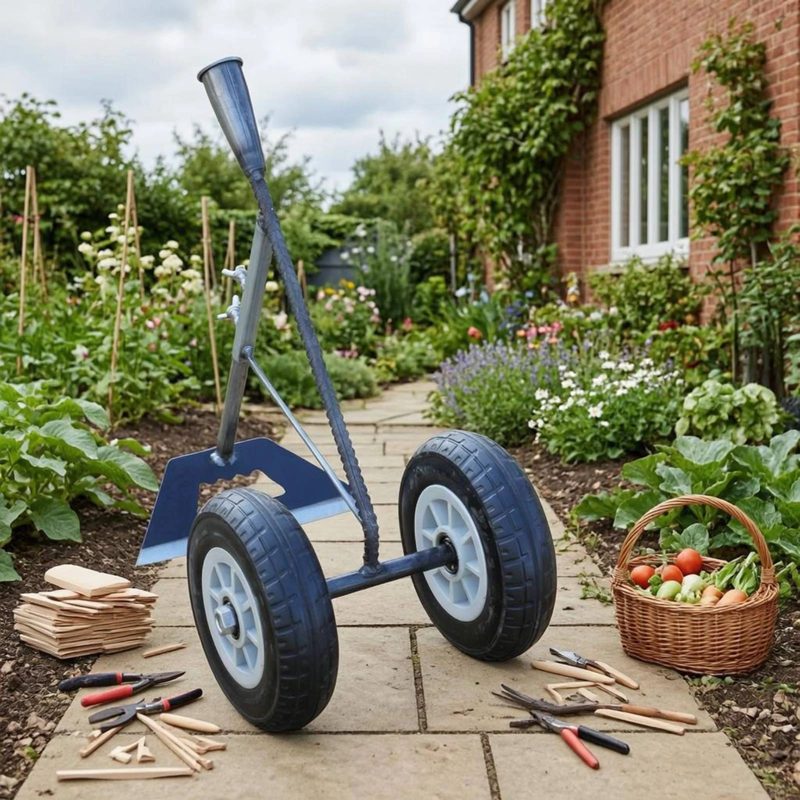 Manual Double Wheel Garden Plow Effort Saving Manual Push Garden Tiller Hand Push Furrower Weeder Easy to Replace Heads for Farm