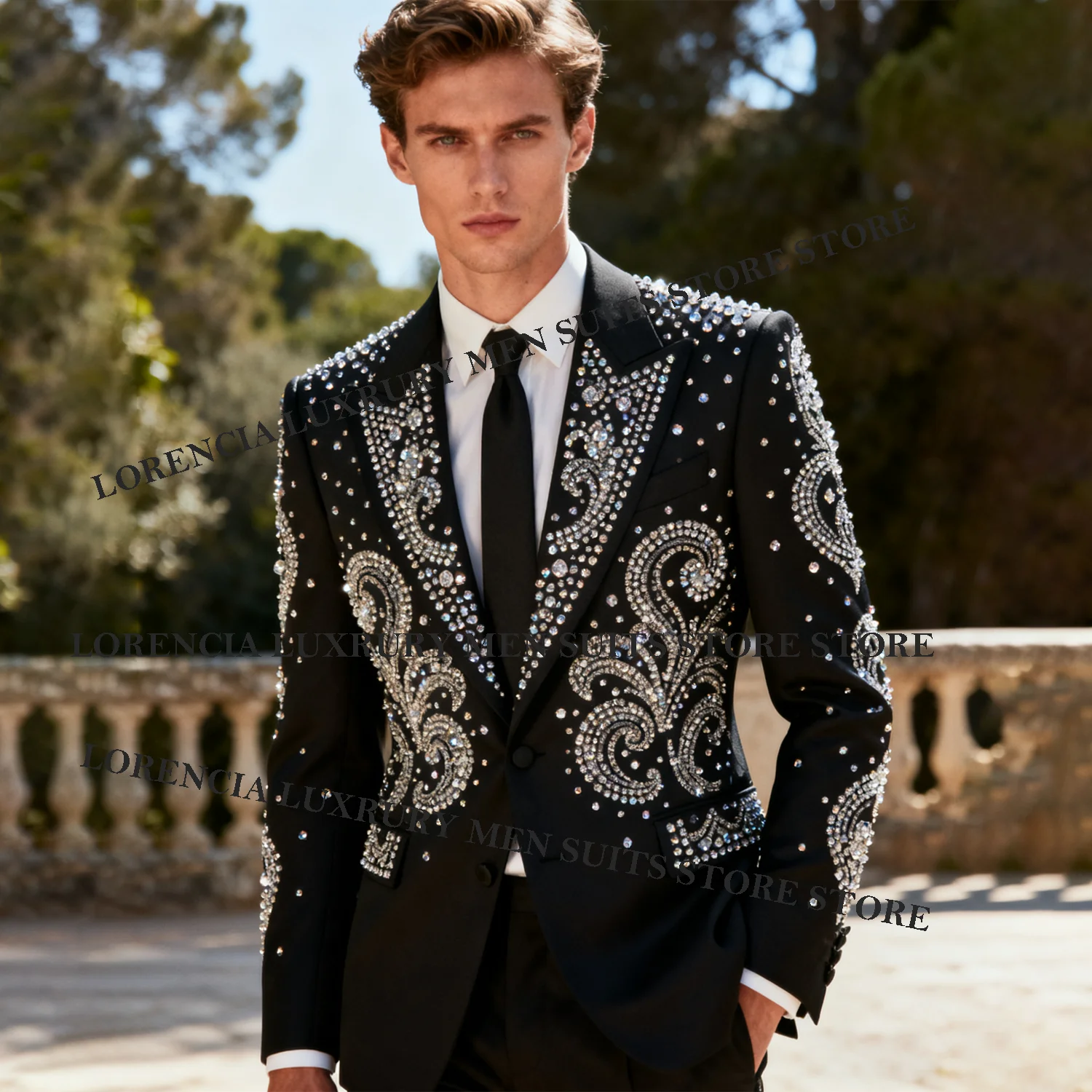 

Sparkly Men Suits High End Rhinestones Beaded Groom Customized 2 Pieces Sets Tuxedos Diamond Male Party Prom Blazer Ropa Hombre