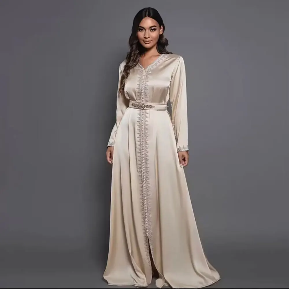 Muslim Evening Dresses For Women  Satin Long Sleeve abendkleider Beaded Moroccan Caftan Muslim Prom Gowns Applique Robe Vestido