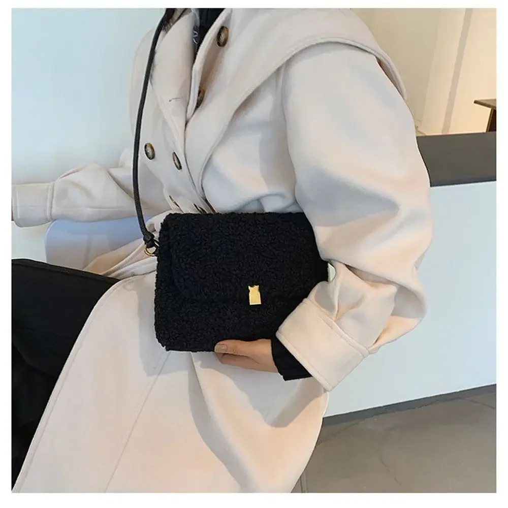 Women Lamb Wool Shoulder Bag Square Winter Autumn Soft Comfortable Cross-body Package Casual Portable Black Khaki White