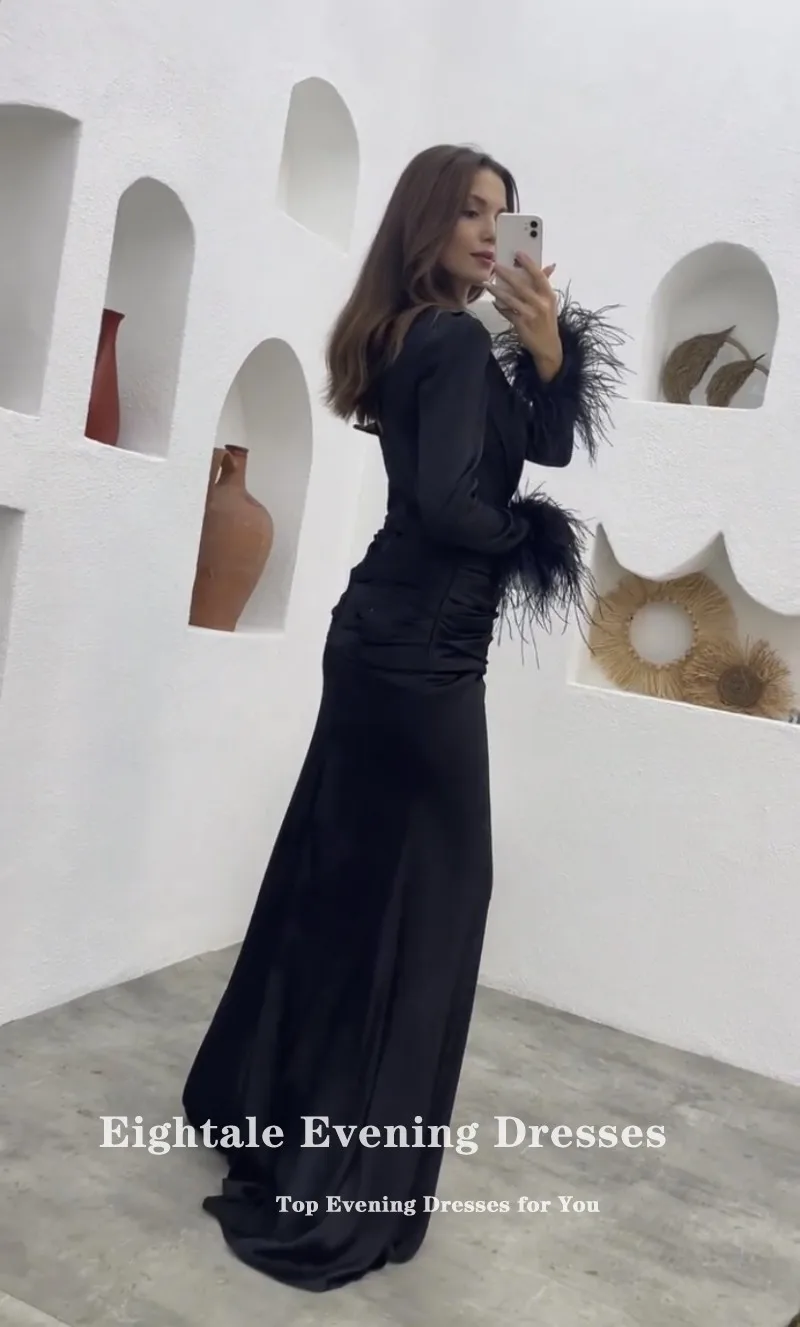 Eightale Feather Evening Dress for Wedding Party One Shoulder Long Sleeves Mermaid Customized Black Arabic Prom Gowns Dress