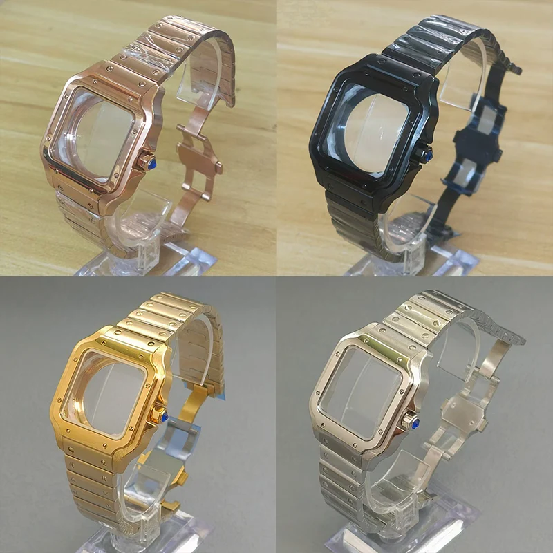 NH35 Cases 38MM Square Santos Steel Watch Case Mineral Coated Glass Fits NH35 NH36 4R35 7S26 Movement Modification Watch Case