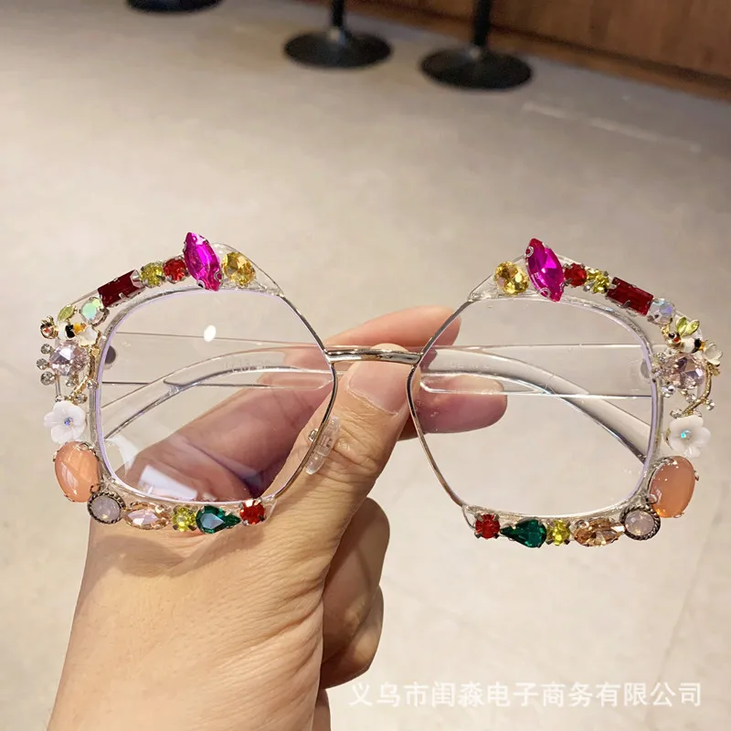 2023Sun Glasses Female Tide Half Frame Color Diamond Exaggerated to Make Big Face Thin-LookedinsInternet Celebrity Same Stage Pe