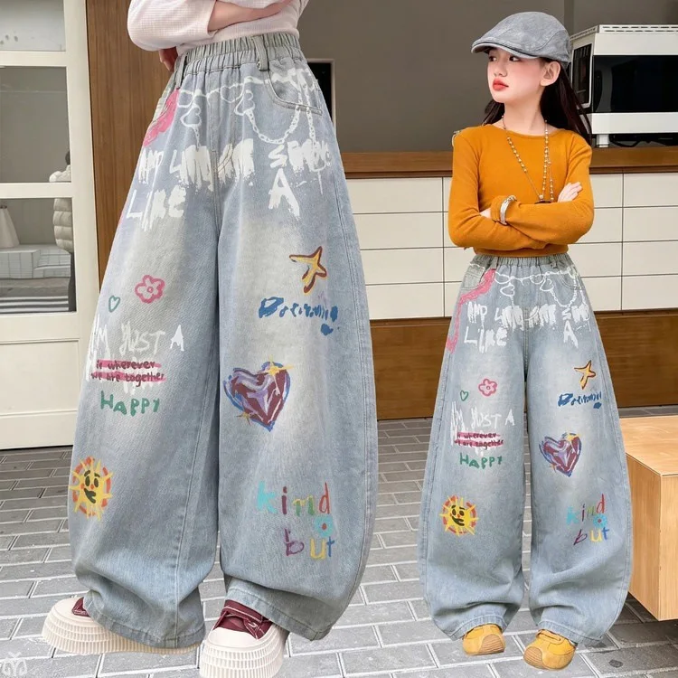 Teens Girls 2026 New American Vintage Graffiti Print Jeans Loose Wide Leg Long Pants Kids Street Fashion  Curved Blade Trousers
