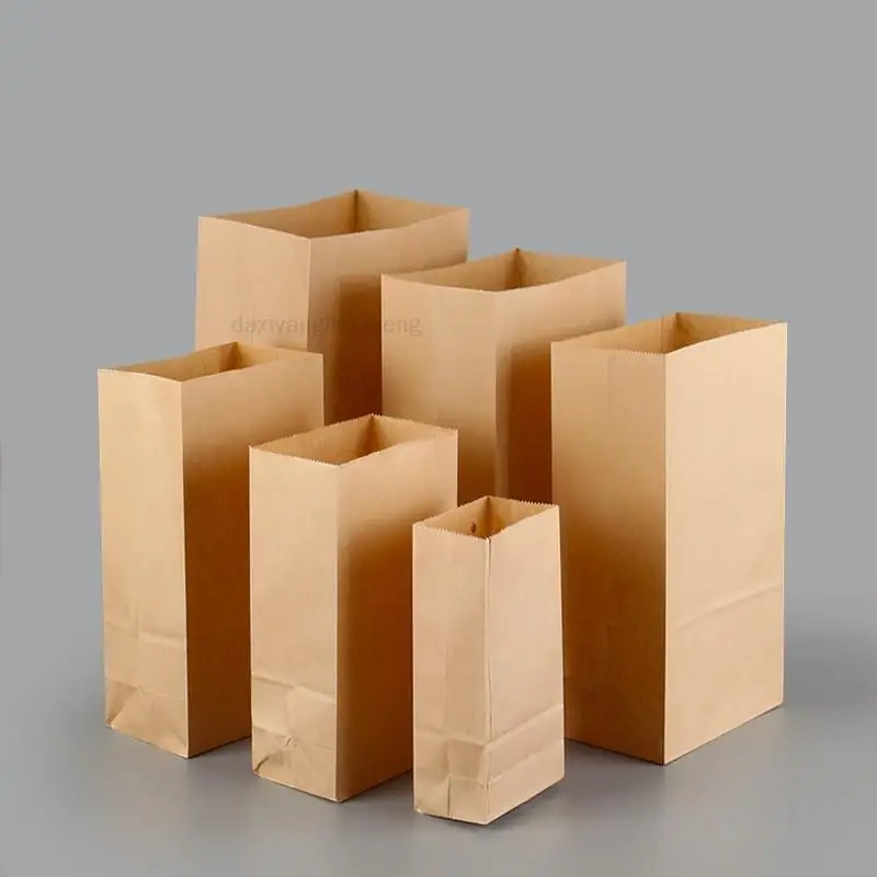 100pcs 7 Sizes New Kraft Paper Bag Baking Bread Bag Nut Toast Food Snack Biscuits Square Bottom Packing Paper Bag fast shipping image 3
