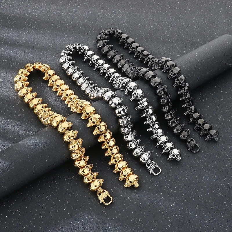 

24mm Punk Gold Color Skull Skeleton Necklace Bracelet Men Women Hiphop Black Stainless Steel Biker Bike Chain Choker Jewelry