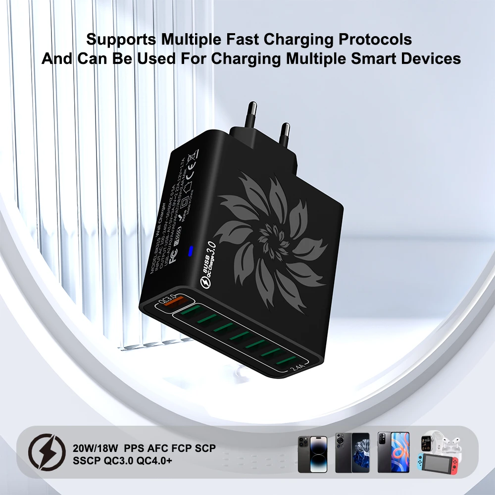 8 Ports USB Charger QC 5.0 Fast Charging EU US KR Plug 65W Fast Charger Power Adapter For iPhone 15 Xiaomi Samsung Wall Charger