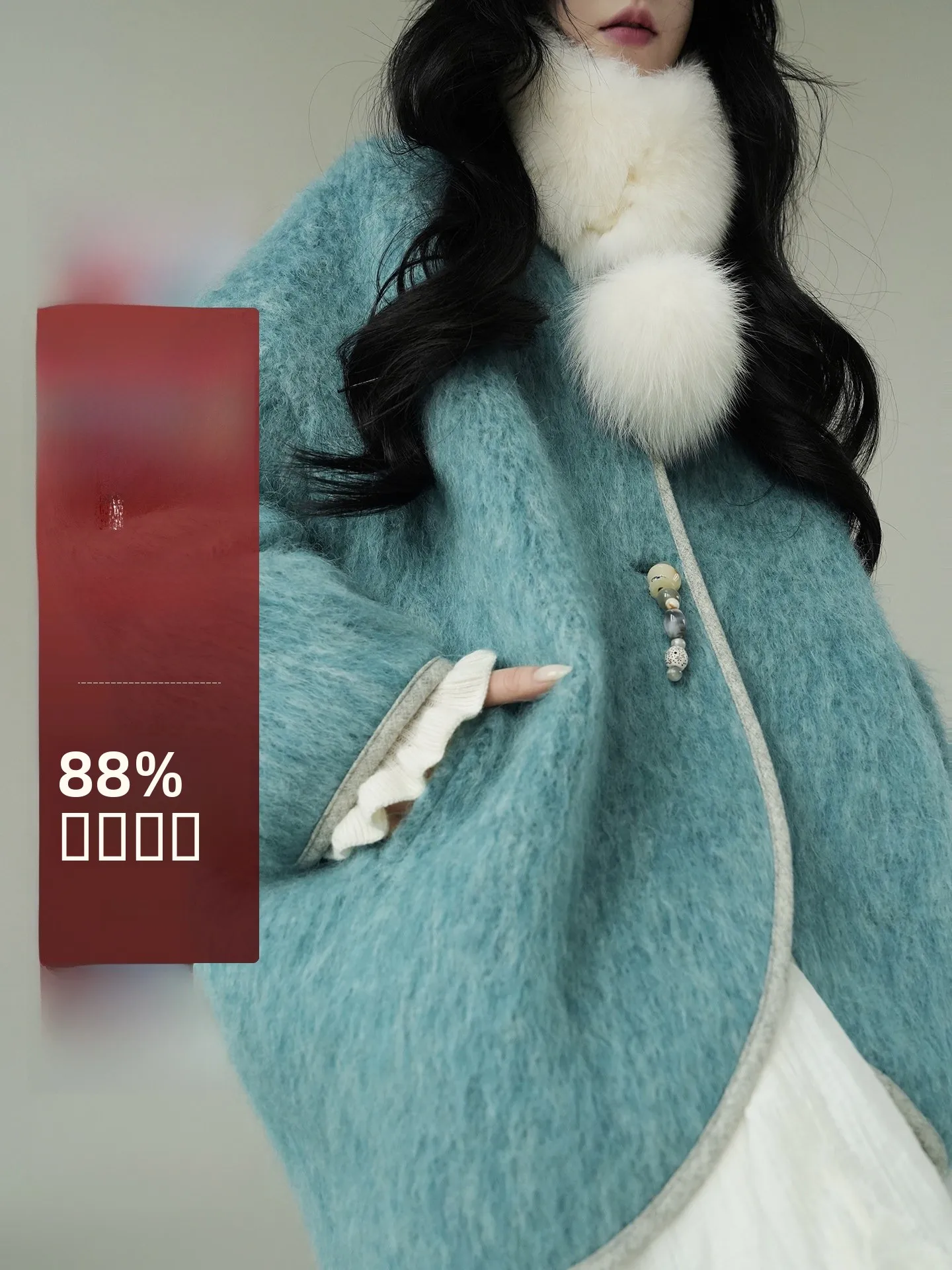 

Aconiconi Blue Woolen Heavy Work Beaded Long Coat ort Sle Winter Faion Women's Coat Warmth V-Ne Svel Pear Body ...