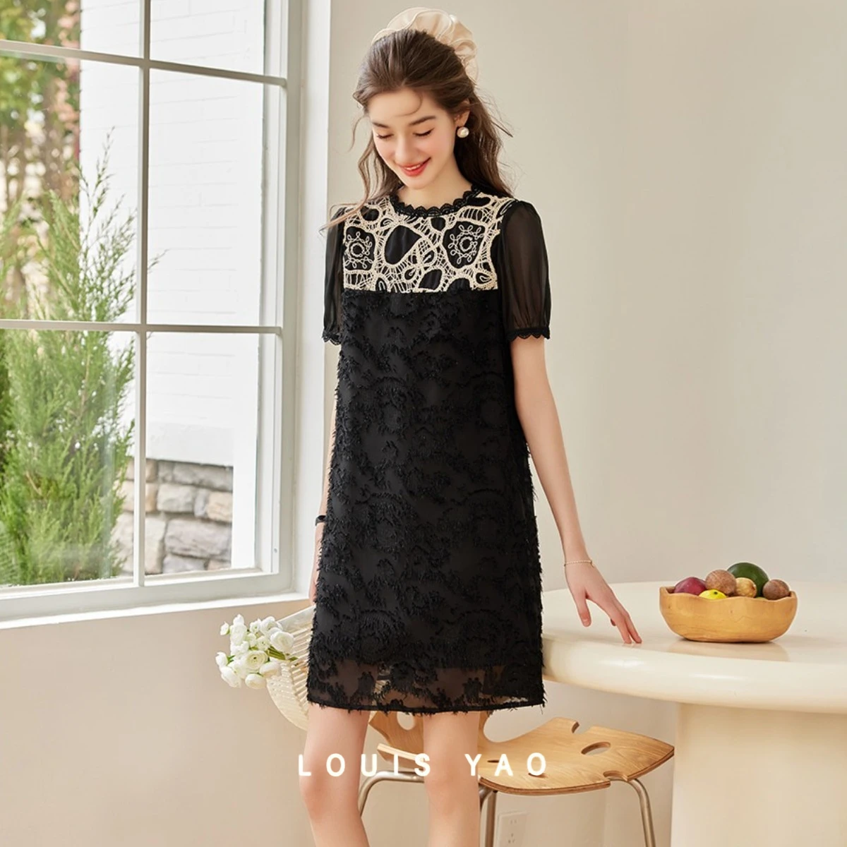 

LOUIS YAO Strapless A-Line Long Dress 2025 Summer Lace Crushed Dress Round Neck Clashing Floral Cutout Women's Dresses