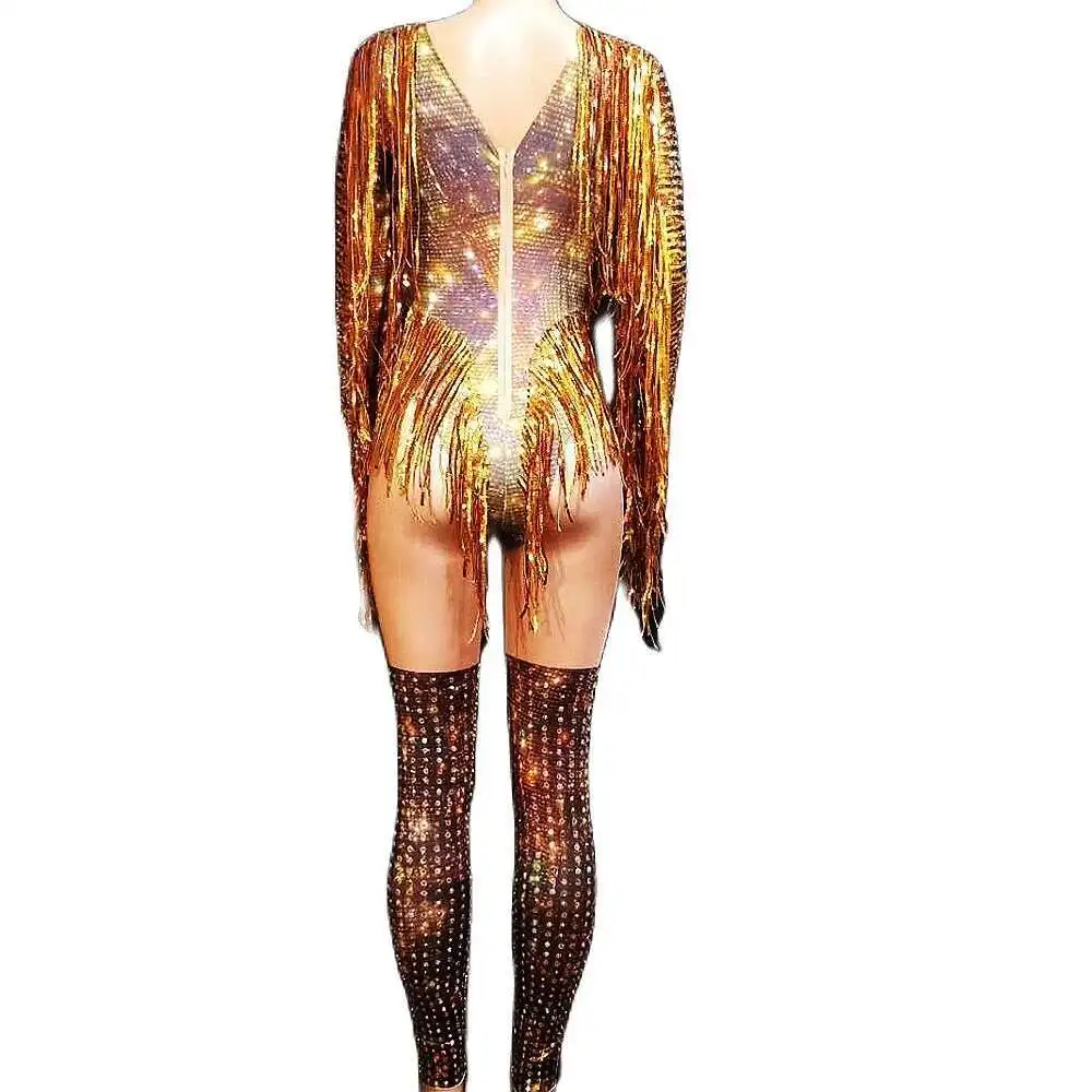 Shining Gold Women Crystal Fringe Jumpsuits Nightclub Singer Performance Long Sleeve Bodysuits Evening Prom Celebrate Costume