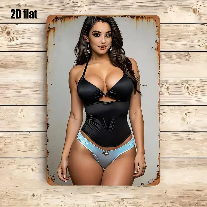 2D Flat Vintage Rusted Metal Tin Sign - Attractive Woman (Black Top, Light Blue Lingerie) Retro Wall Art, Iron, Perfect for Room
