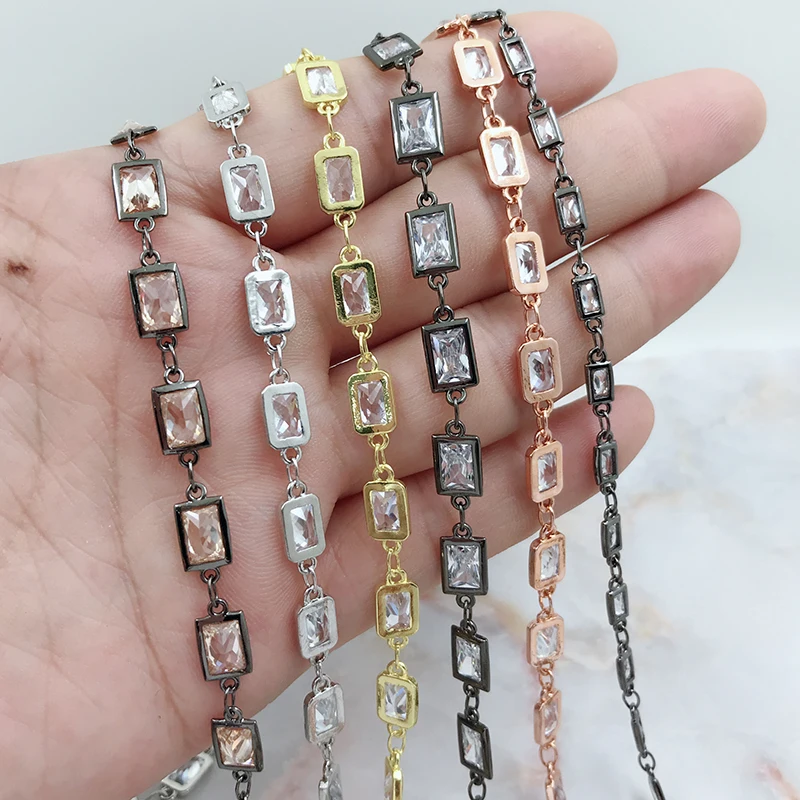 Rectangle White Zircon Connector Chain With Rose Gold Silver Black Gold Plated Faceted Rosary Chains