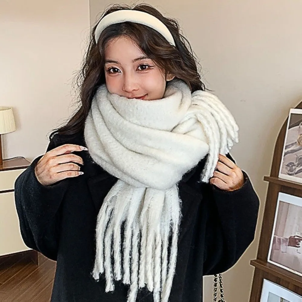

Elegant Mohair Wool Scarf Tassel Thicken Winter Cashmere Scarves Korean Style Solid Color Long Shawl Autumn Winter