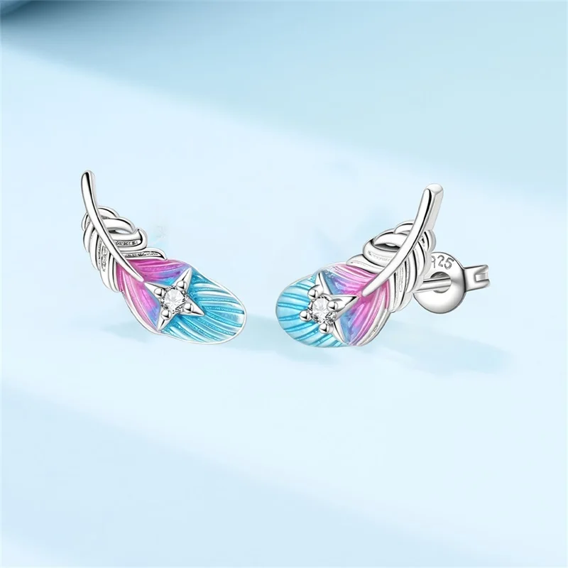 New 925 Sterling Silver Aurora Star Feather Hoop Earrings Sparkling Zircon Earrings For Women Fine Birthday Anniversary Jewelry