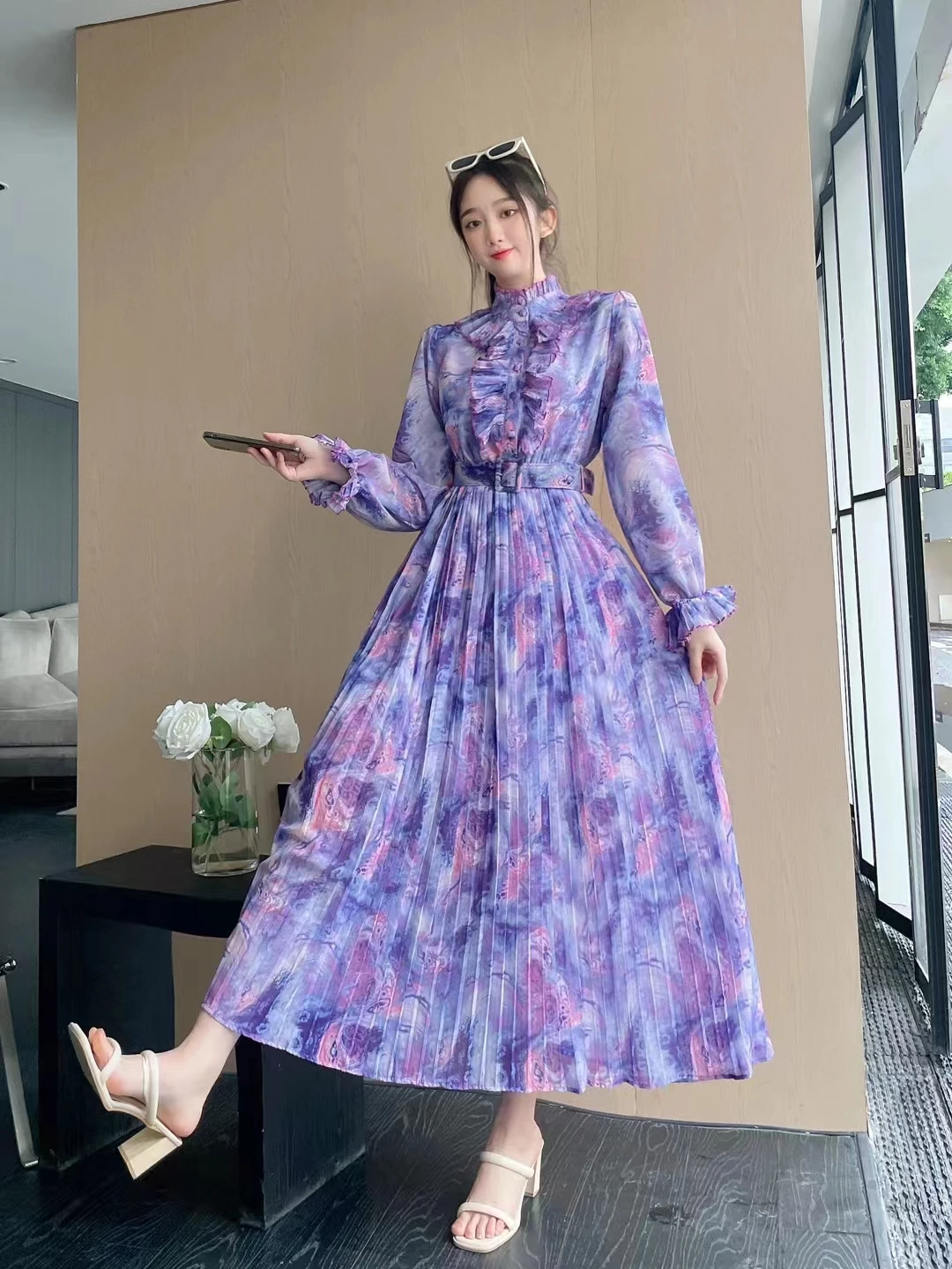 2023 Spring Autumn Women Stand Collar Long Sleeve Slim Long Dress Sweet Edible Tree Fungus Patchwork Retro Tie Dye Pleated Dress