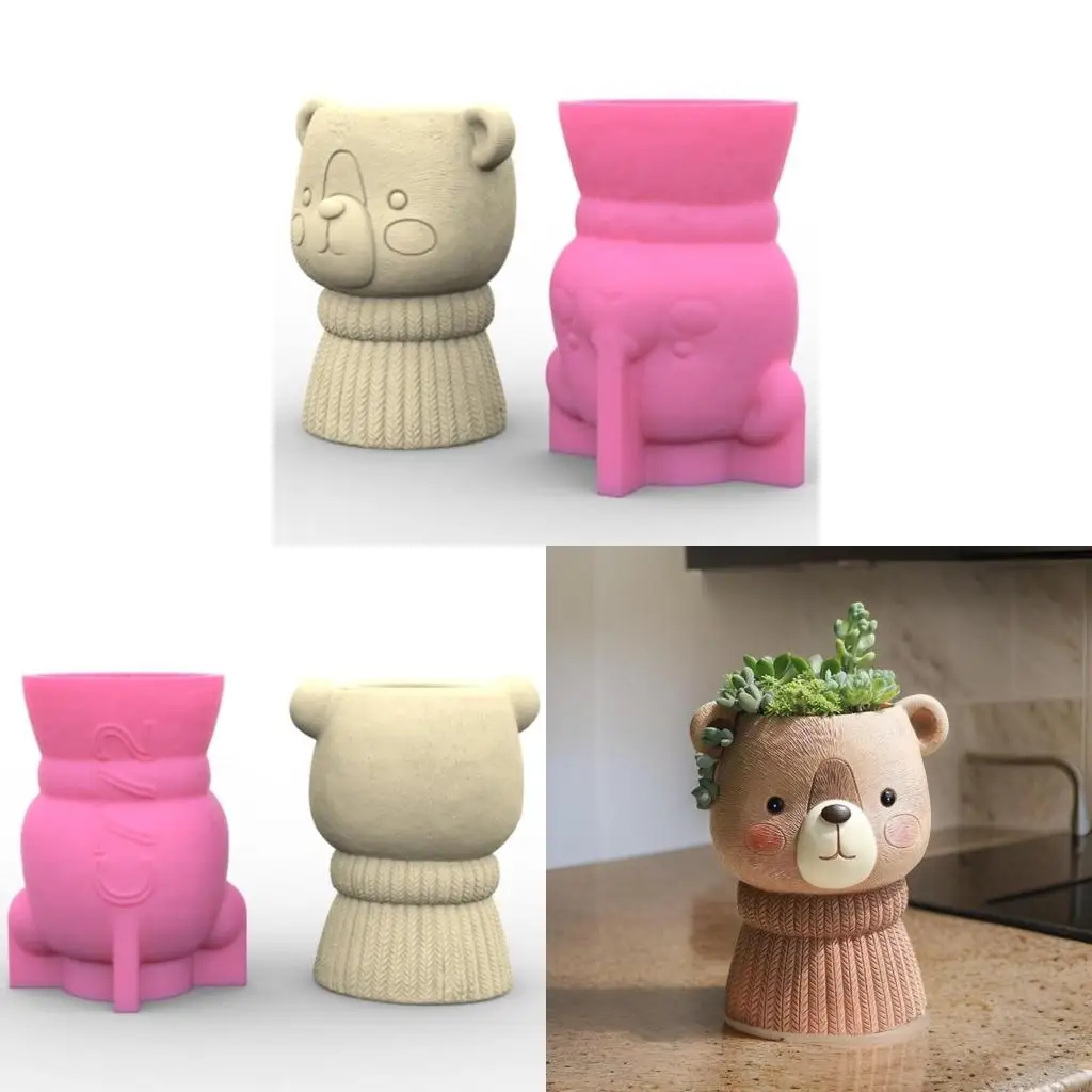 3D Bear Flower Pots Mold Epoxy Resin Molds Pen Holder Holder Cement Planter Silicone Mould Home Decorations