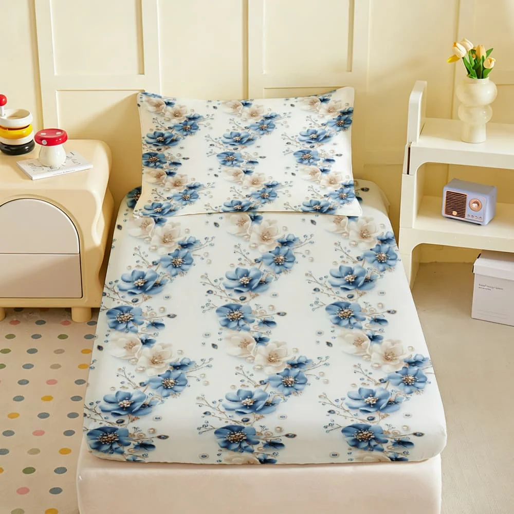 1pc Elegant Blue & White Floral Print Fitted Sheet Deep Pocket Elastic Mattress Cover Single Double Queen King Bedroom Decor