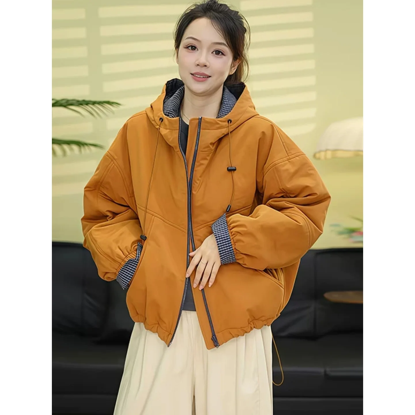 

Women Short Solid Parkas Coat Hooded Jacket Zipper Long Sleeves Drawstring Hem Loose Thick Office Lady Casual 2025 Autumn Winter