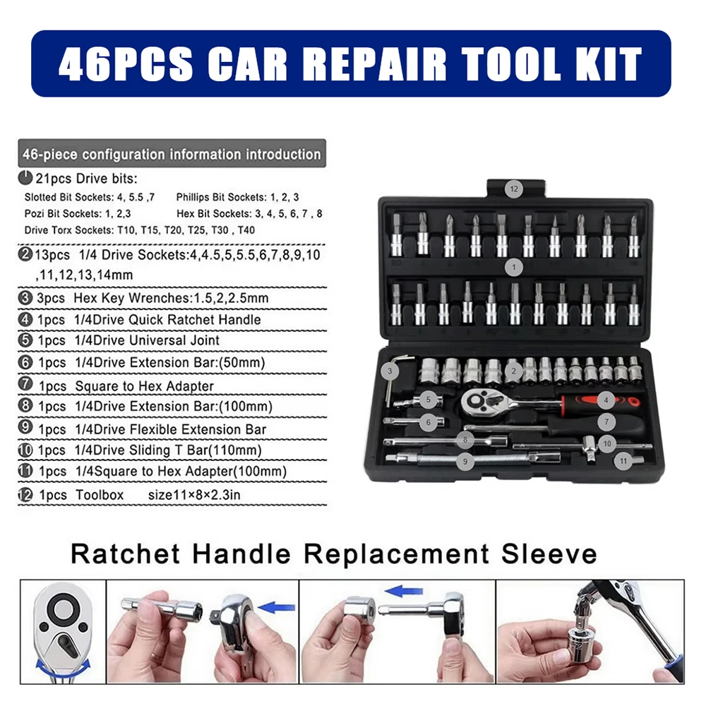 Drive Socket Ratchet Wrench Set, Bit Socket Set, Metric e Barra de Extensão para Reparação Automática e Doméstica, 1/4 in, 46PCs