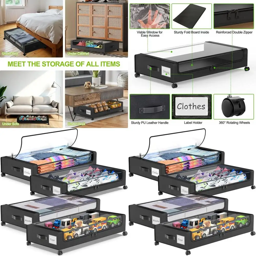 

Набор из 4-х выдвижных контейнеров для хранения под кроватью с прозрачными крышками — идеально подходят для обуви, одежды и одеял, черные.