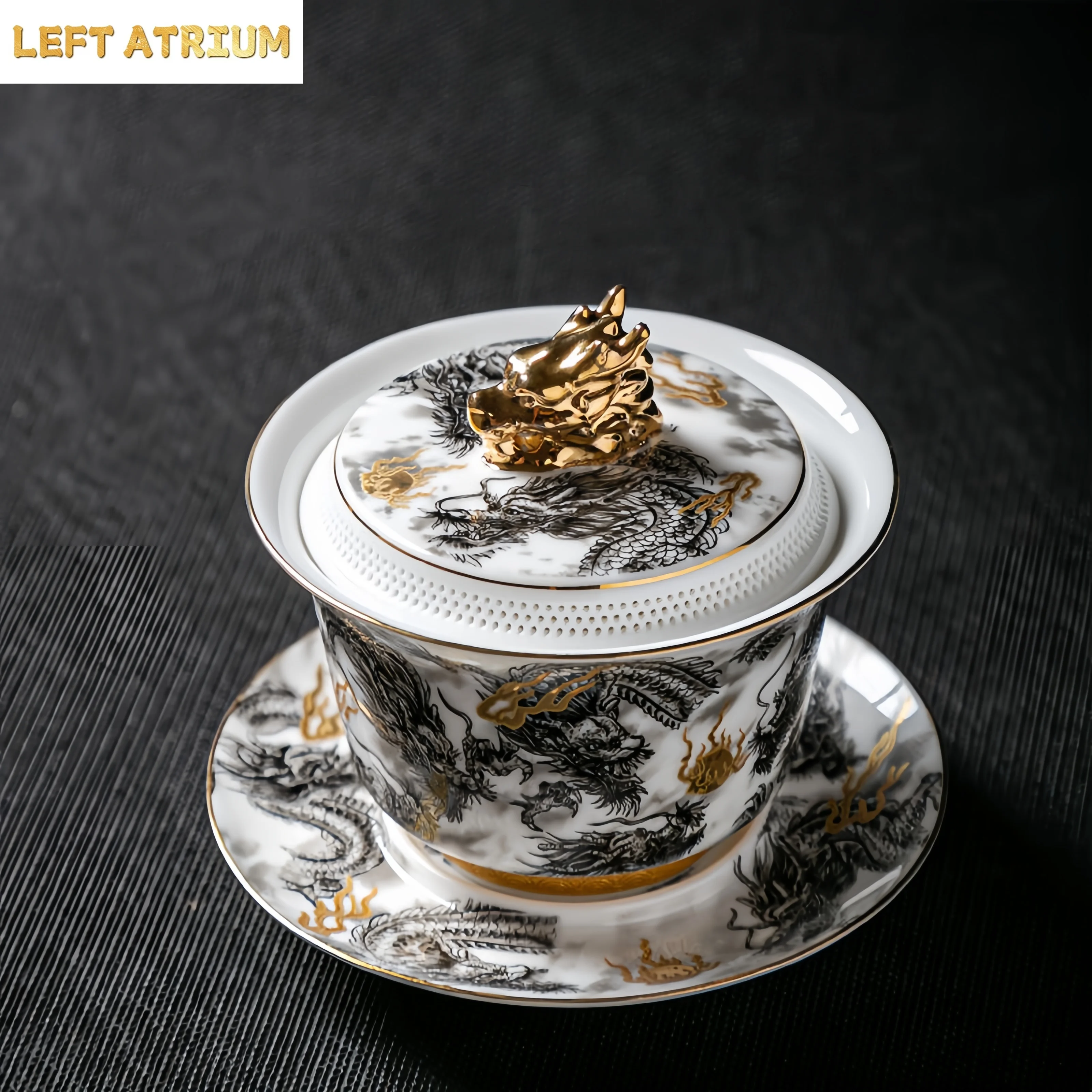 Chinese Dark Dragon White Sheep Fat Jade Porcelain Gaiwan 360° Water Outlet Gold Painted High-end Retro Tea Bowl