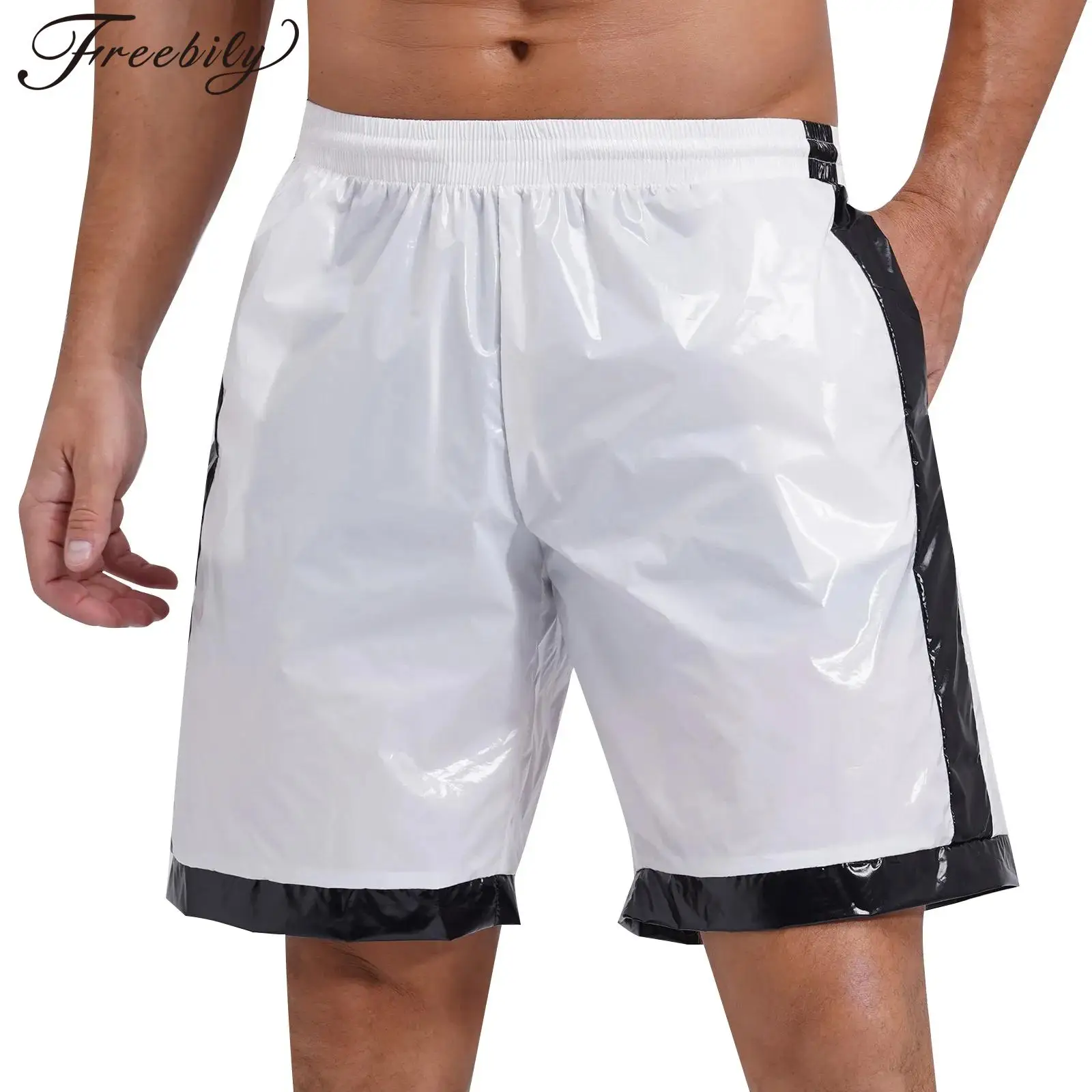 Calções boxer masculinos com aparência molhada, calção de banho com cordão elástico na cintura, bolsos, listras contrastantes, praia, roupa de dormir