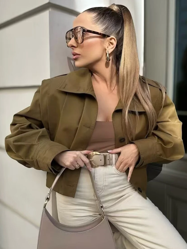 HXAO Damesjassen Bruin Geplooid Jasje Lente Zomer 2025, Cropped Bomber Button Lange Mouwen Jassen Outerwears Aviator Jassen - afbeelding 2