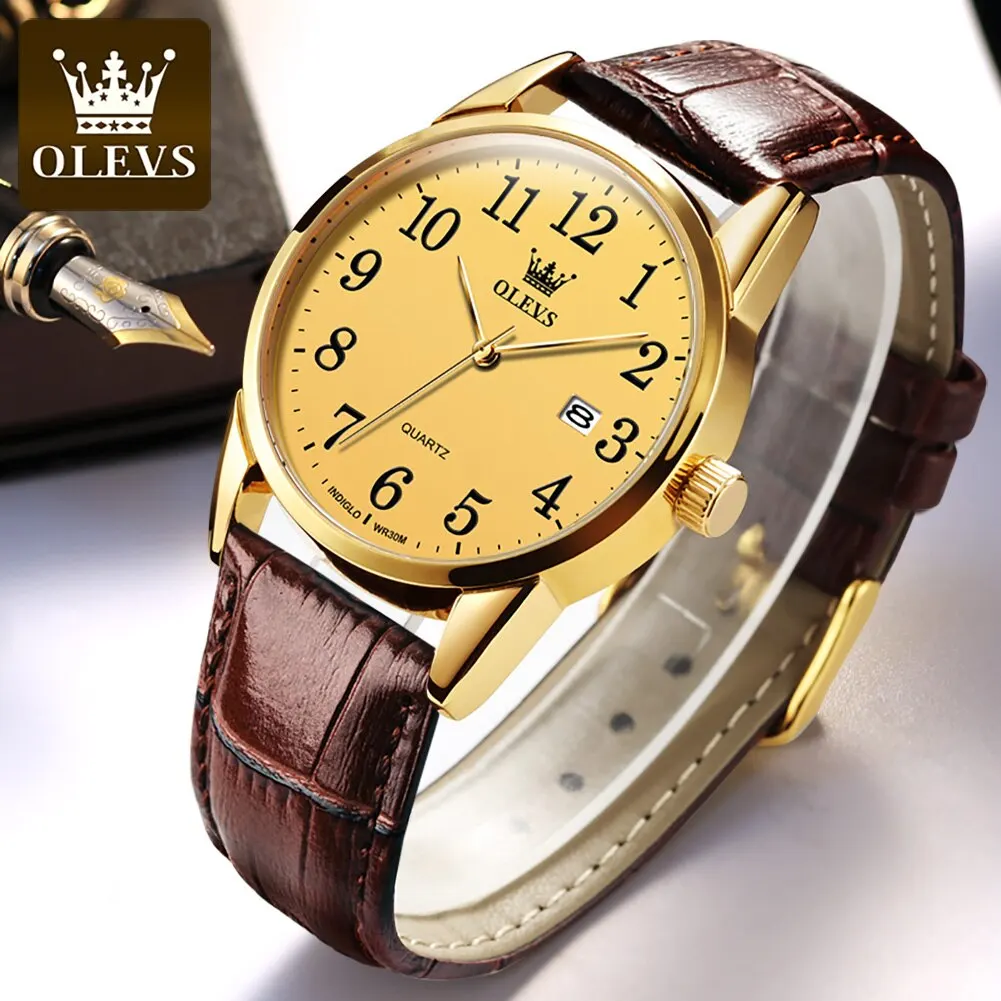 OLEVS Classic Quartz Watch for Men Brown Leather Strap Watch With Date Feature Digital Dial Waterproof Business Man Wristwatch