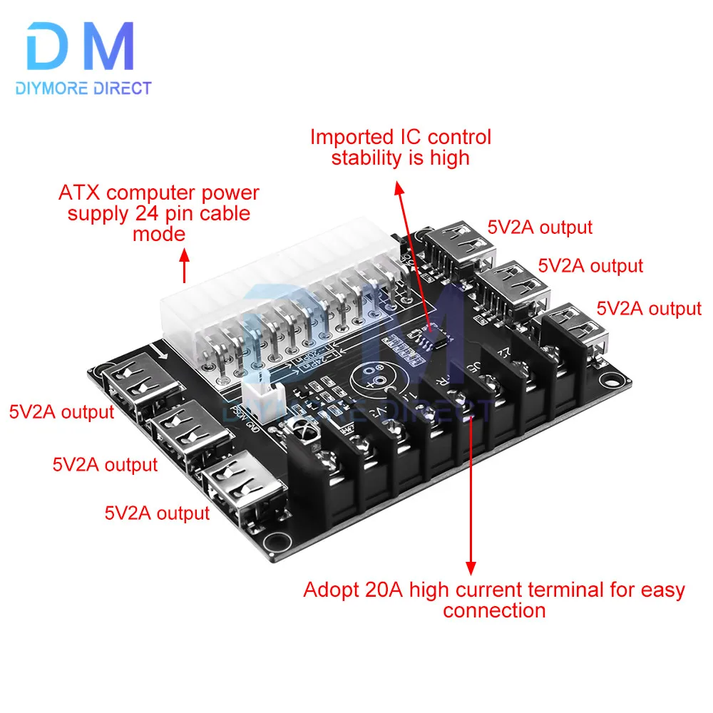 24 Pins ATX Power Supply Breakout Board and Acrylic Case Kit Module Adapter Power Connector Support 3.3V/5V/12V