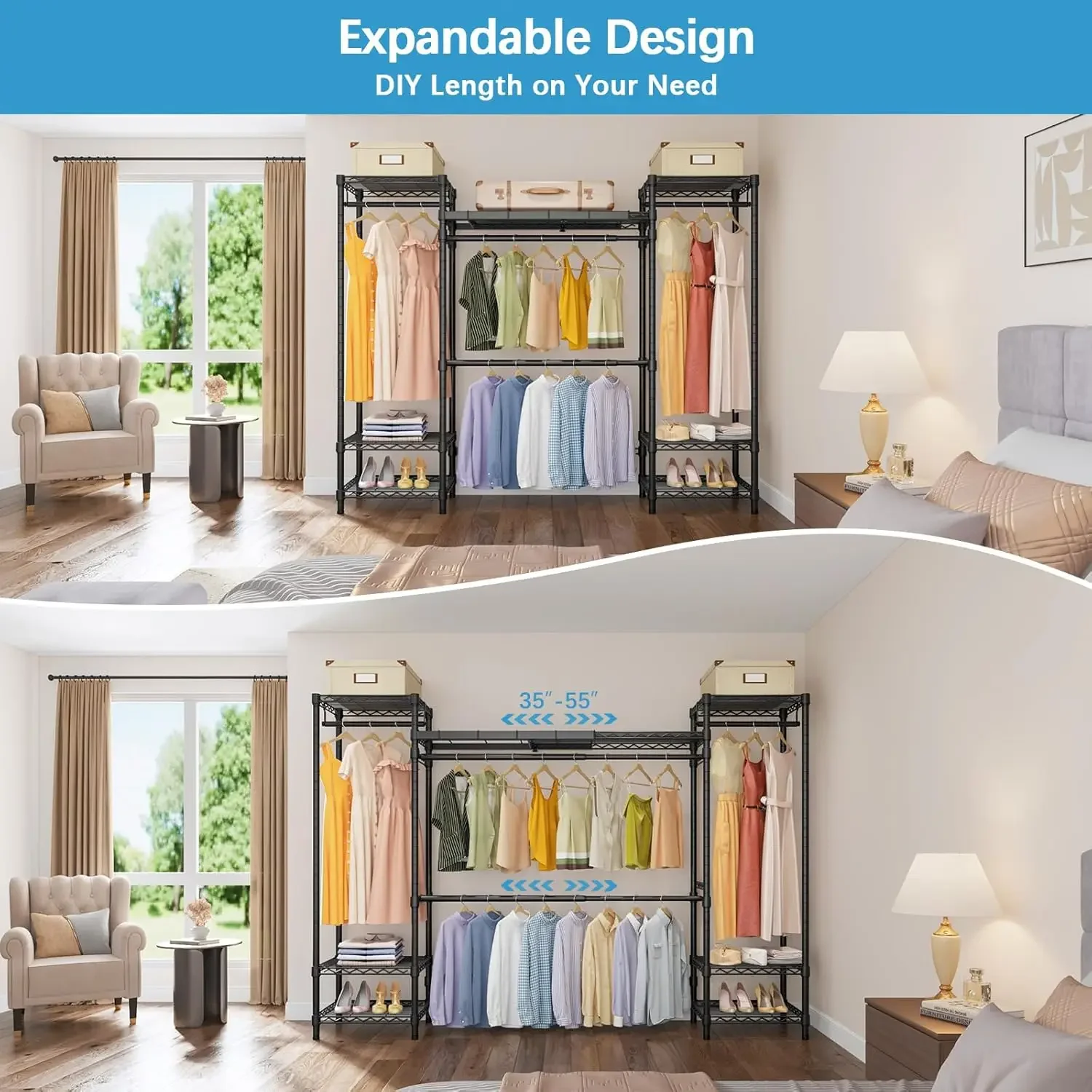 X30 Protable Closet for Hanging Clothes, Expandable Clothes Rack Heavy Duty Large Wardrobe System, Metal Clothing Rack with 4 Ha