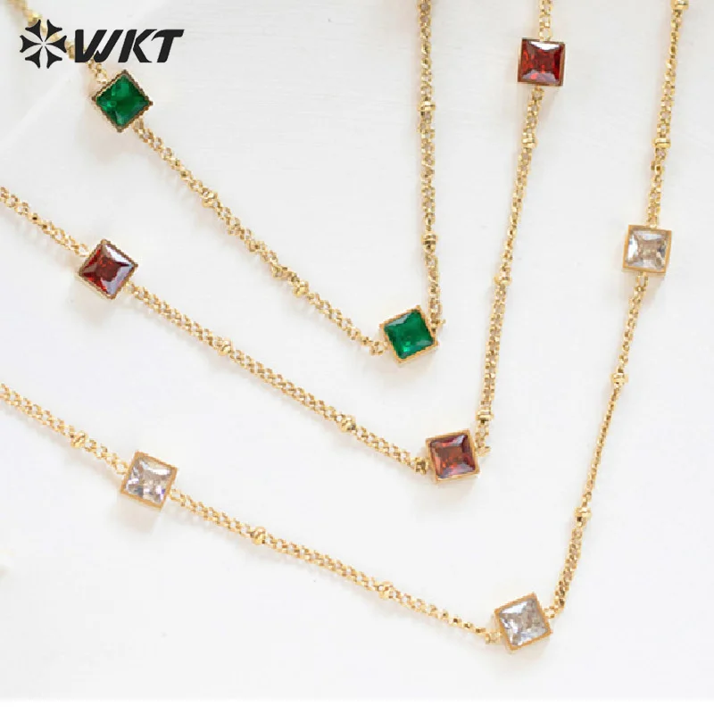 

WT-REN035 WKT Stainless Steel Necklace Light Luxury Small French Square Color Zirconium Necklace With O Chain Ladies Jewelry