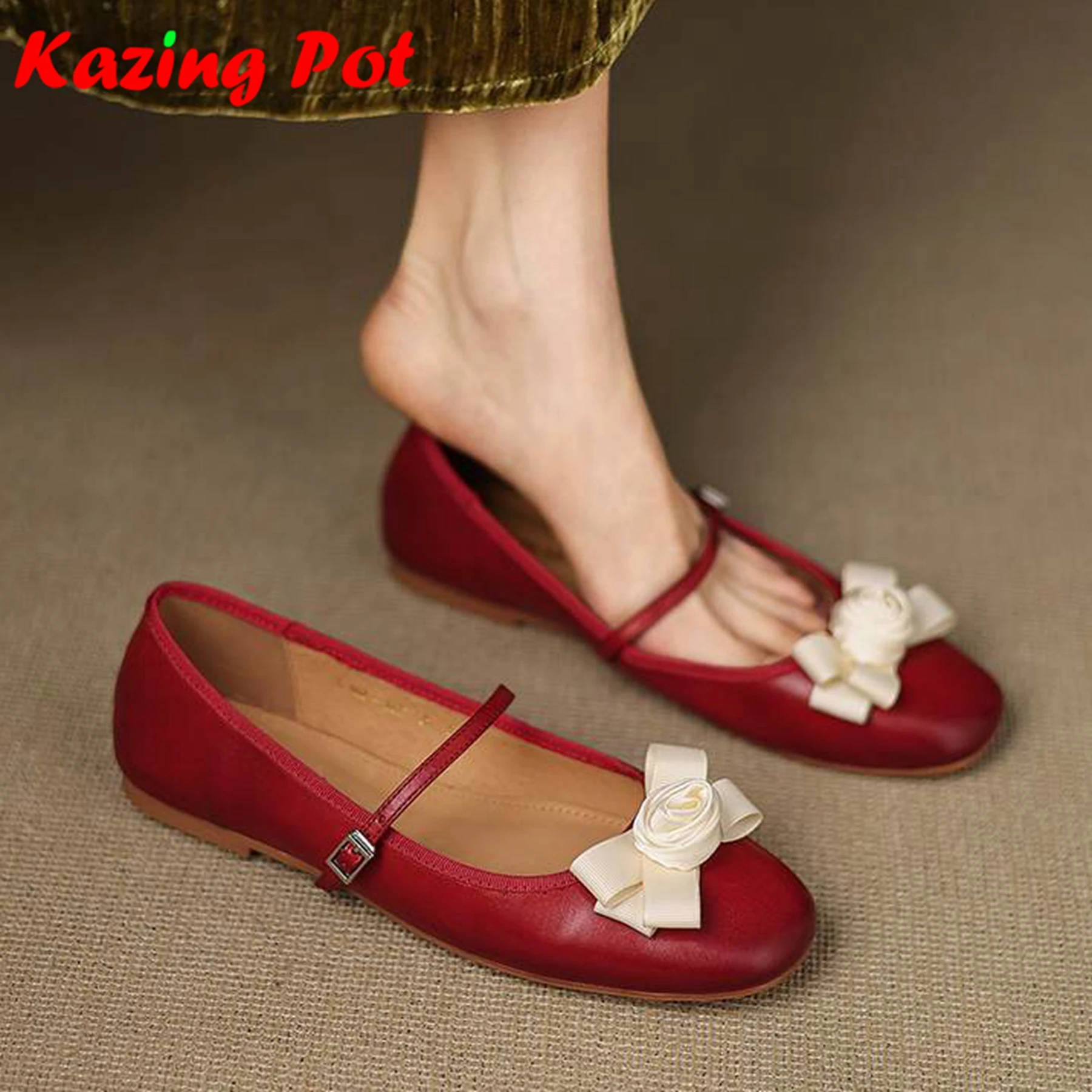 

Krazing Pot из коровьей кожи с круглым носком, женские ремни с пряжкой, фиолетовый цвет, балетки, неглубокие разноцветные туфли на плоской подошве с цветочным узором и узлом-бабочкой