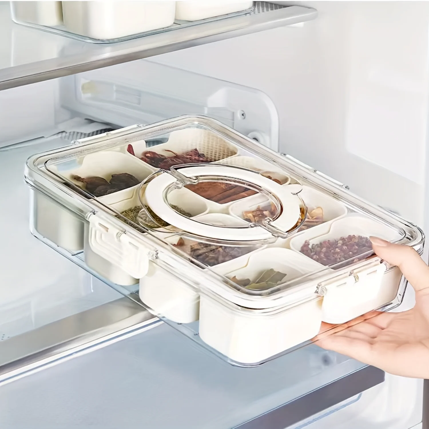 Modern Plastic Food  Lunch Box With Lid, Square Multi-Compartment Organizer Tray With 8 Sections And Dual Handles, Ideal For Can