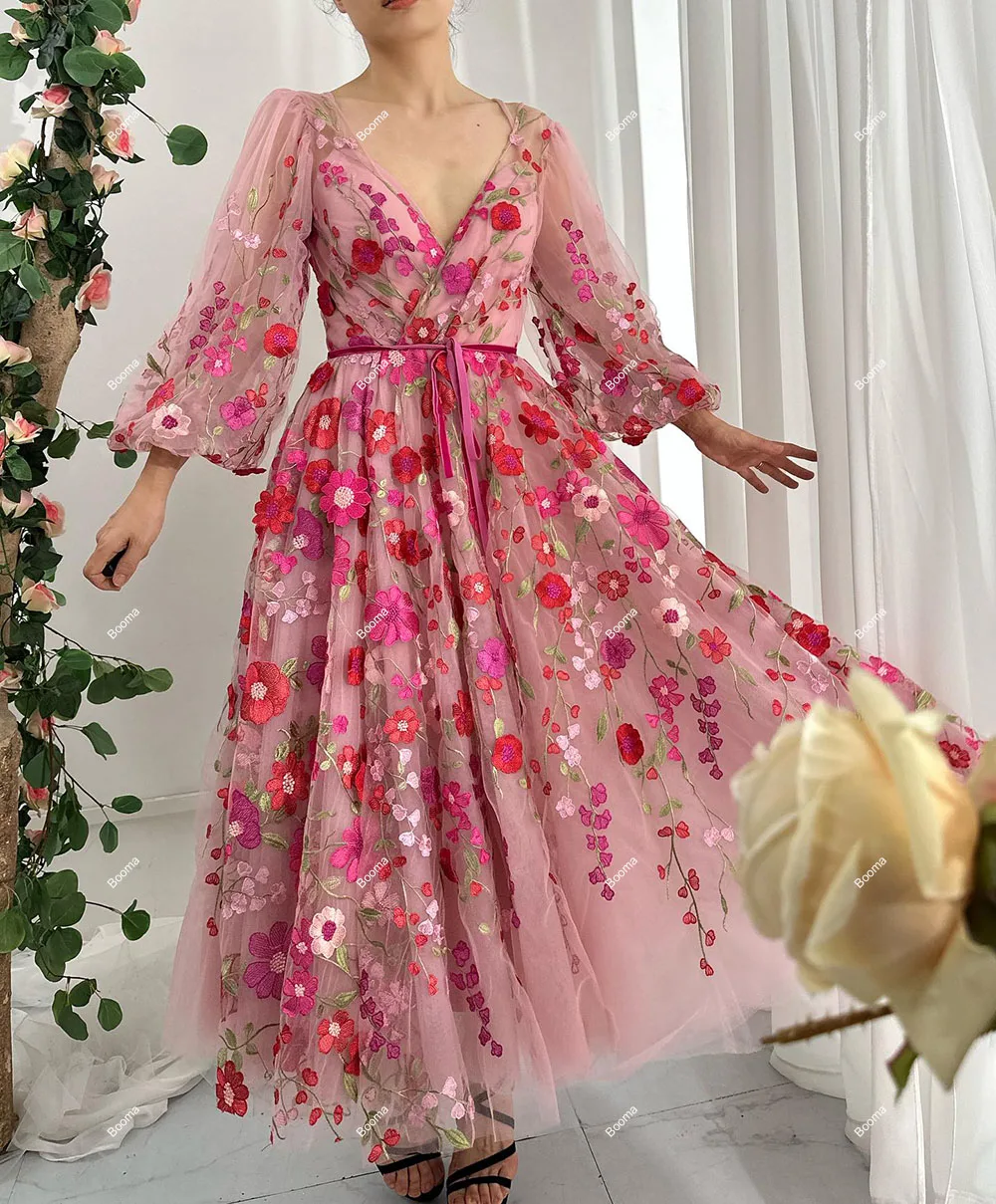 Booma Floral Prom Dresses V Neck Lace A-Line Wedding Party Dress Long Puff Sleeves Ankle Length Birthday Evening Gowns for Women